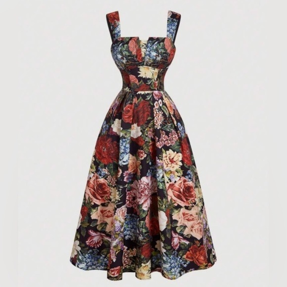 Vintage Palazzo Style Red Tank Top Swing Floral Print Midi Dress - Picture 4 of 11